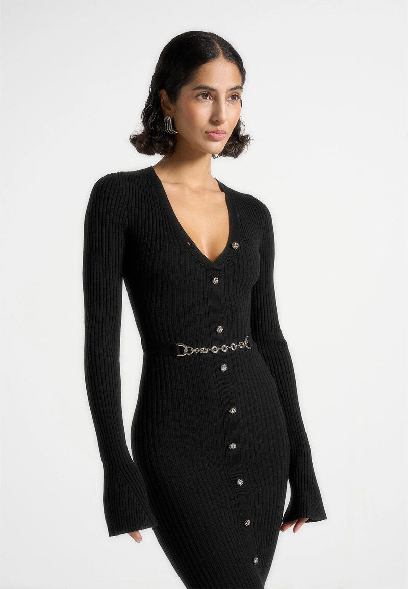 Long Sleeve Knitted Midaxi Dress With Belt