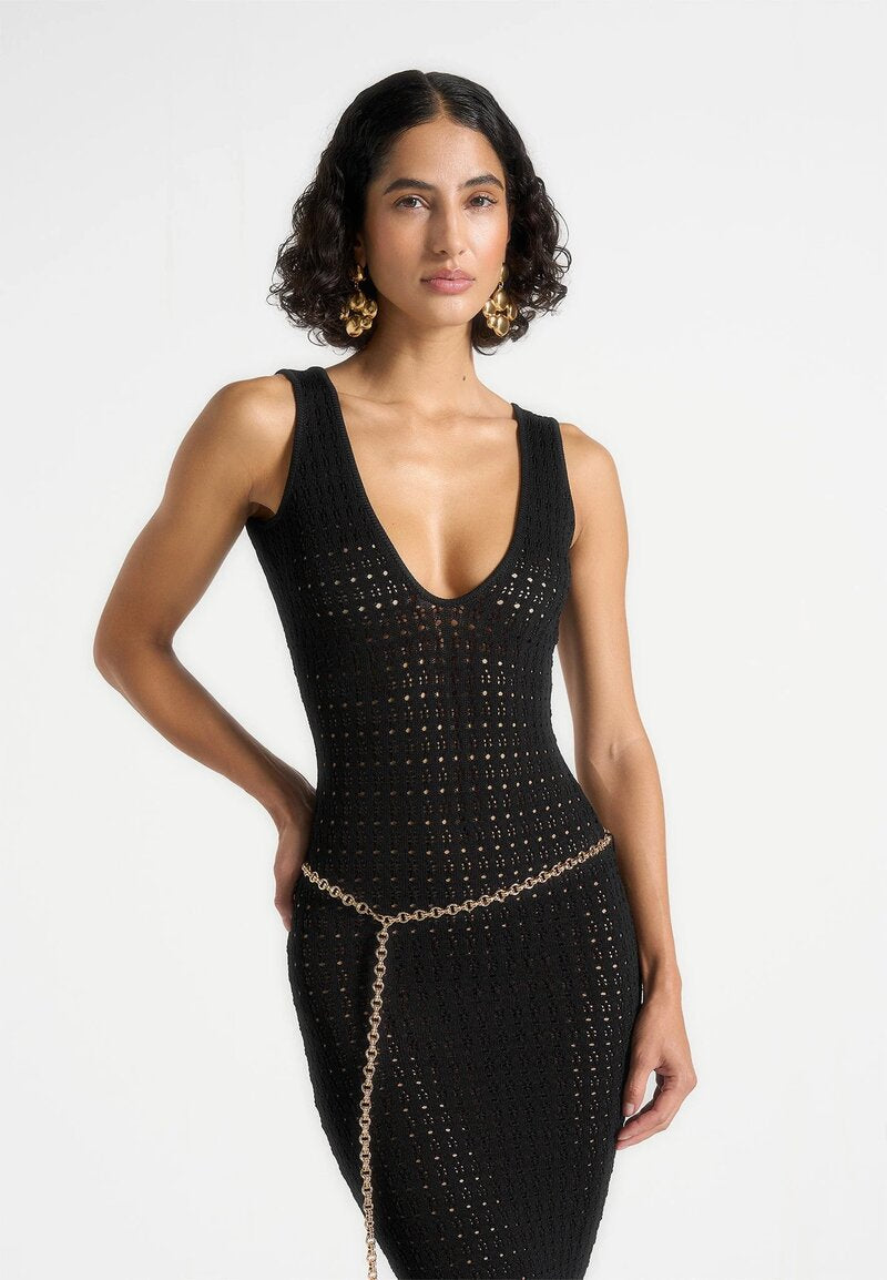 Pointelle Plunge Midaxi Dress With Chain