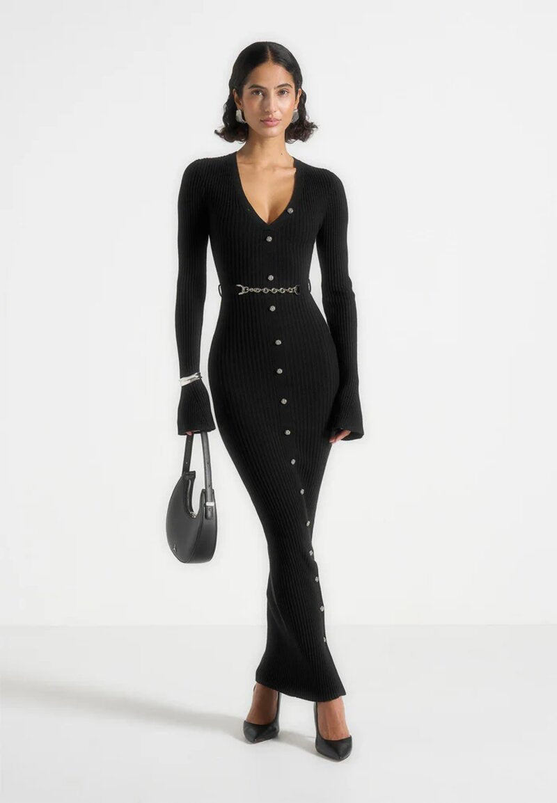 Long Sleeve Knitted Midaxi Dress With Belt