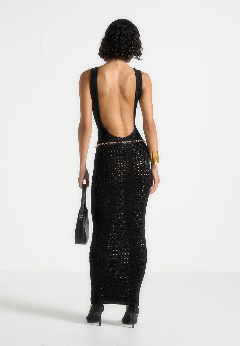 Pointelle Plunge Midaxi Dress With Chain