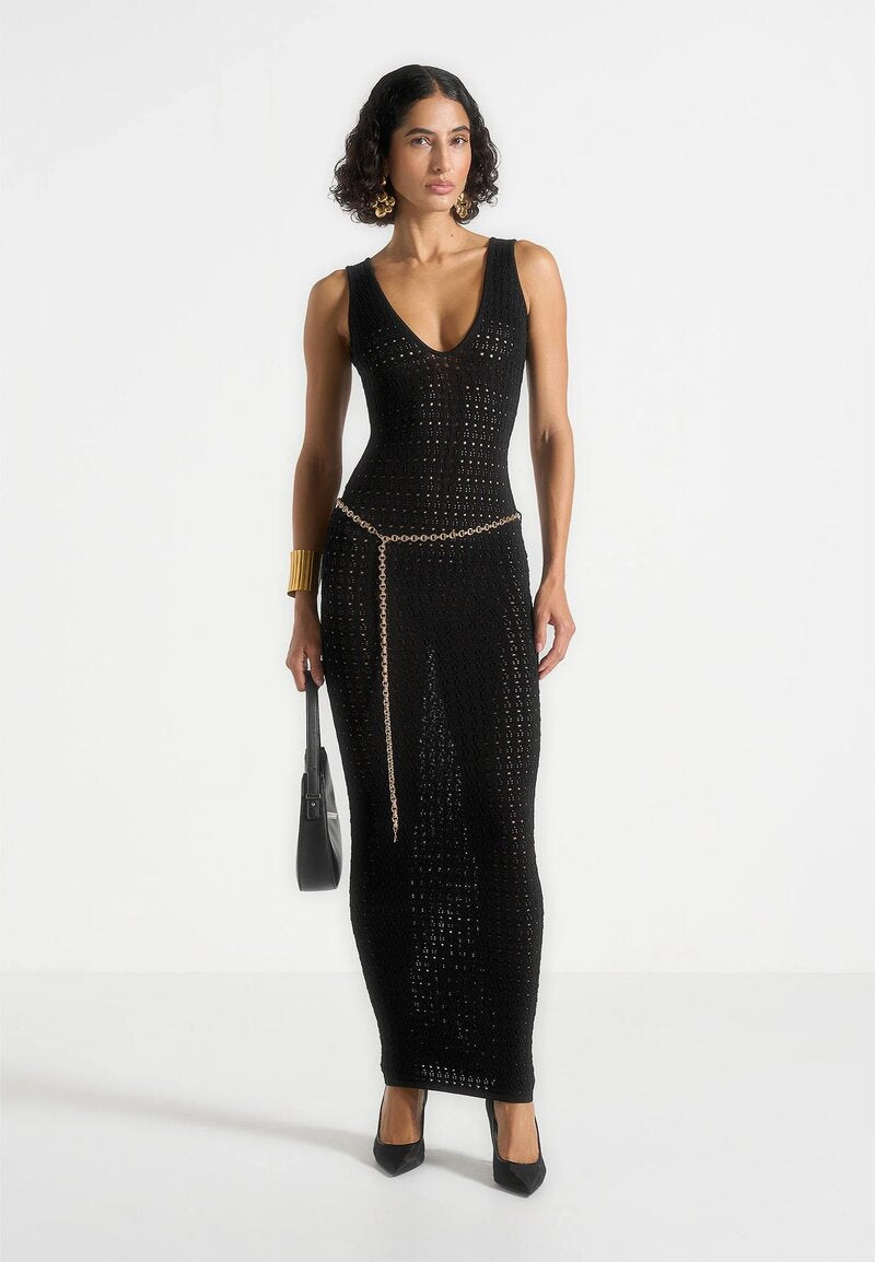 Pointelle Plunge Midaxi Dress With Chain