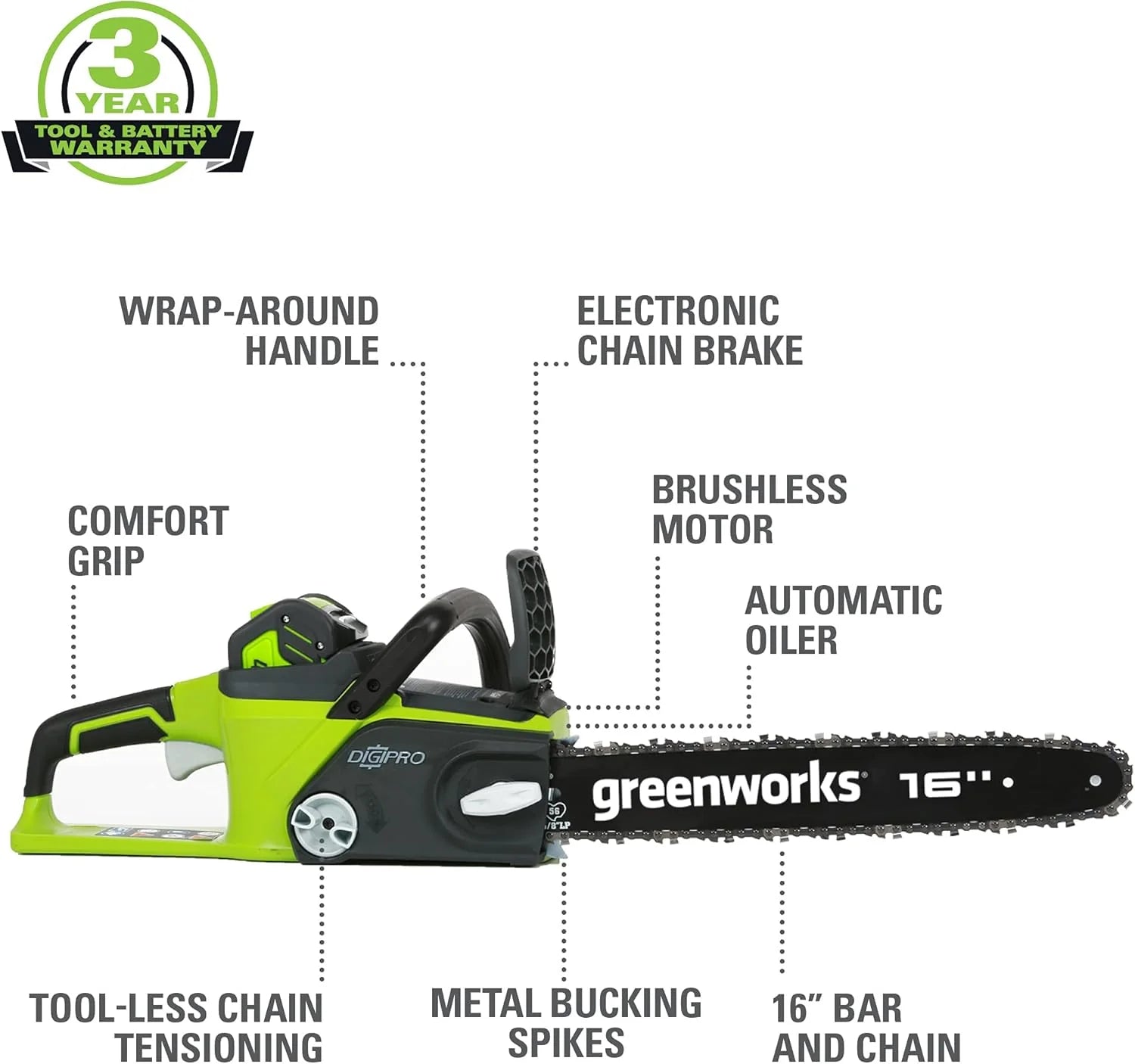 Greenworks 40V 16" Brushless Cordless Chainsaw, 4.0Ah Battery and Charger Included