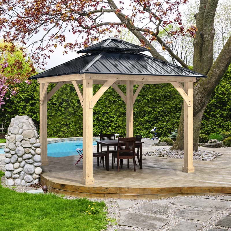 10 X 10 Ft Outdoor Patio Hardtop Gazebo With Wood Frame Amp 2 Tier Metal Roof All Weather Gazebo Pergolas Shelter