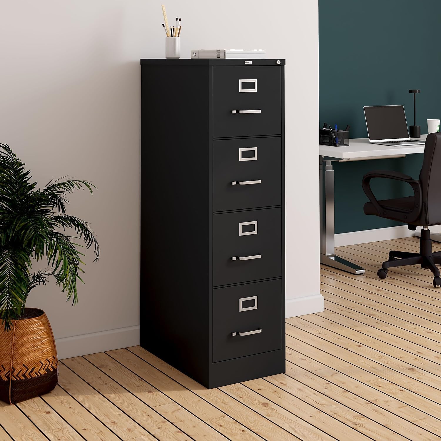 STAPLES 4-Drawer File Cabinet, Lockable, Black, 25"D x 15"W