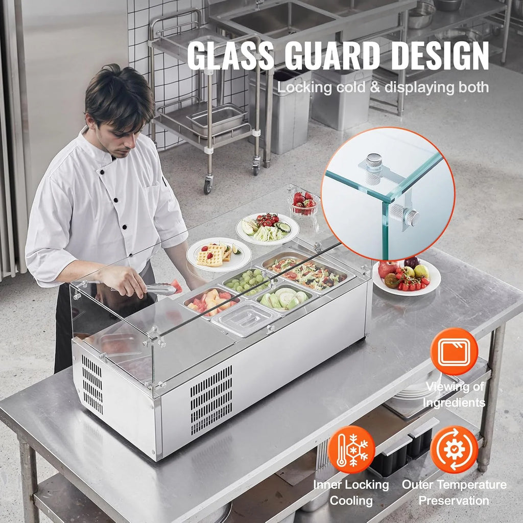 Refrigerated Condiment Prep Station, 135 W Countertop Refrigerated Condiment Station, with 2 1/3 Pans & 4 1/6 Pans, 304 Stainless Body and PC Lid, Sandwich Prep Table with Stainless Guard, ETL