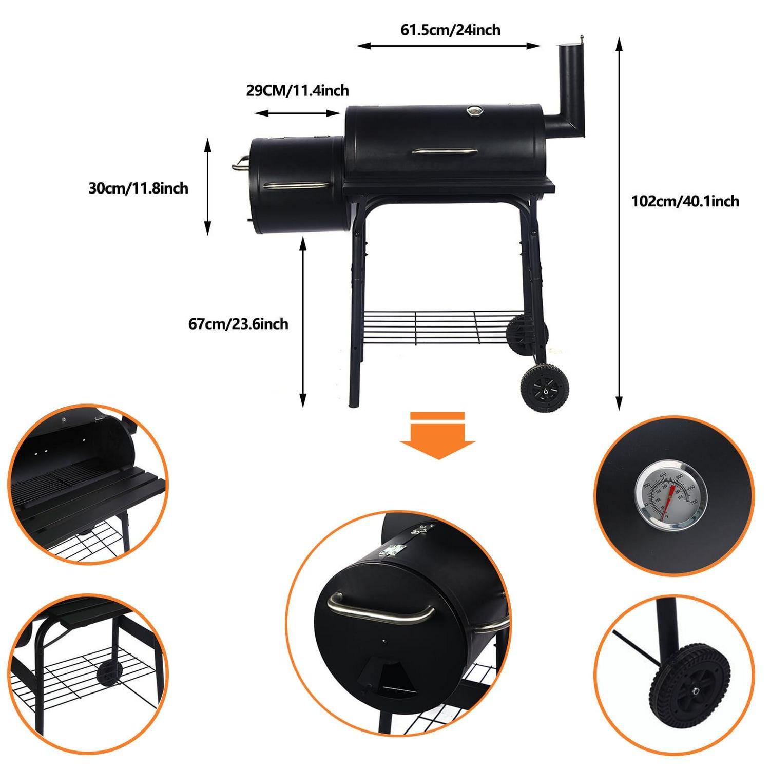 Vebreda Portable Charcoal BBQ Grill with Offset Smoker, Steel, Black, Thermometer, Wheels