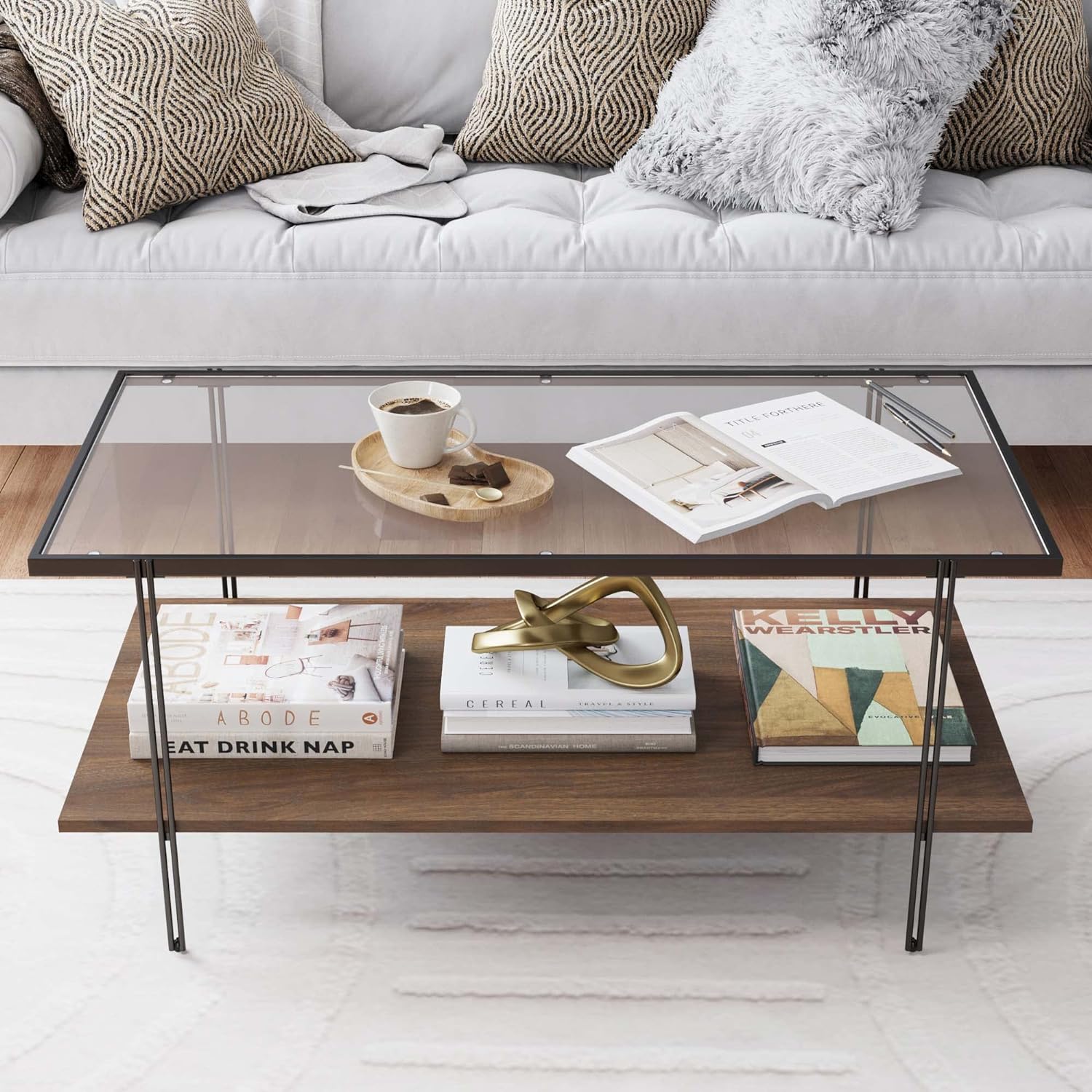 Nathan James Sonia Coffee Table with Storage Shelf, Light Wood/Rattan