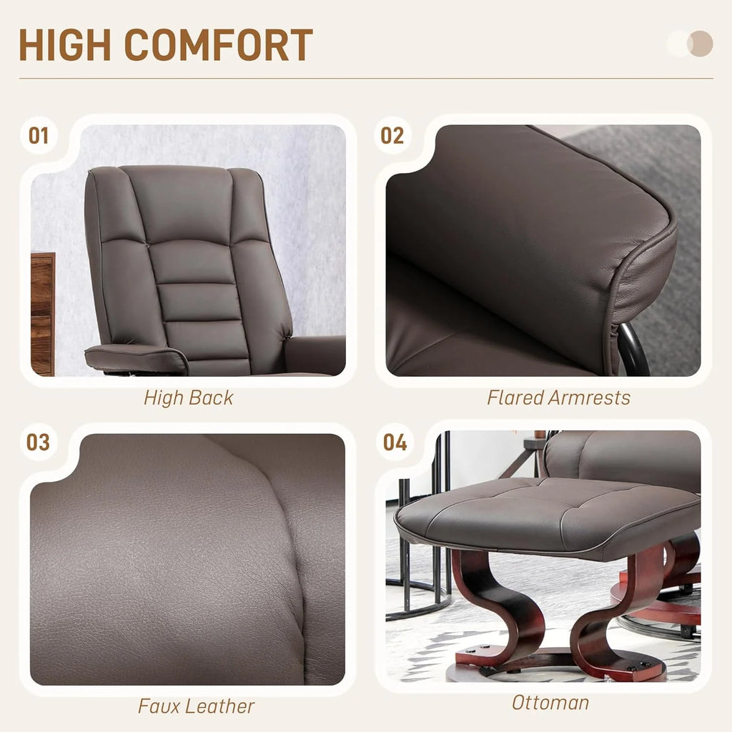Faux Leather Recliner Chair with Swivel Ottoman High Back and Wood Frame Brown