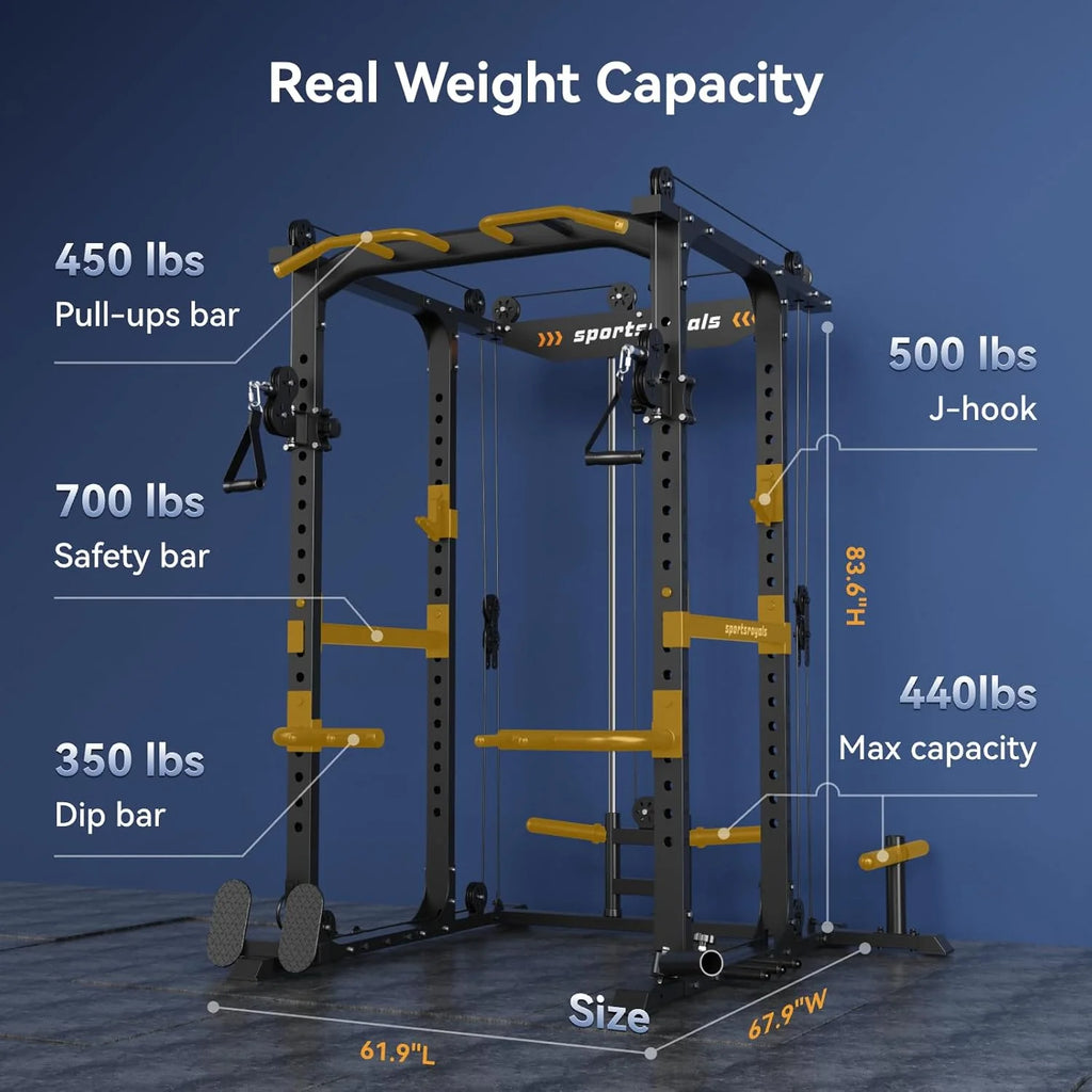 Sportsroyals Power Cage,1600lbs Multi-Function Power Rack with Adjustable Cable Crossover System and More Training Attachment, Weight Cage for Home Gym