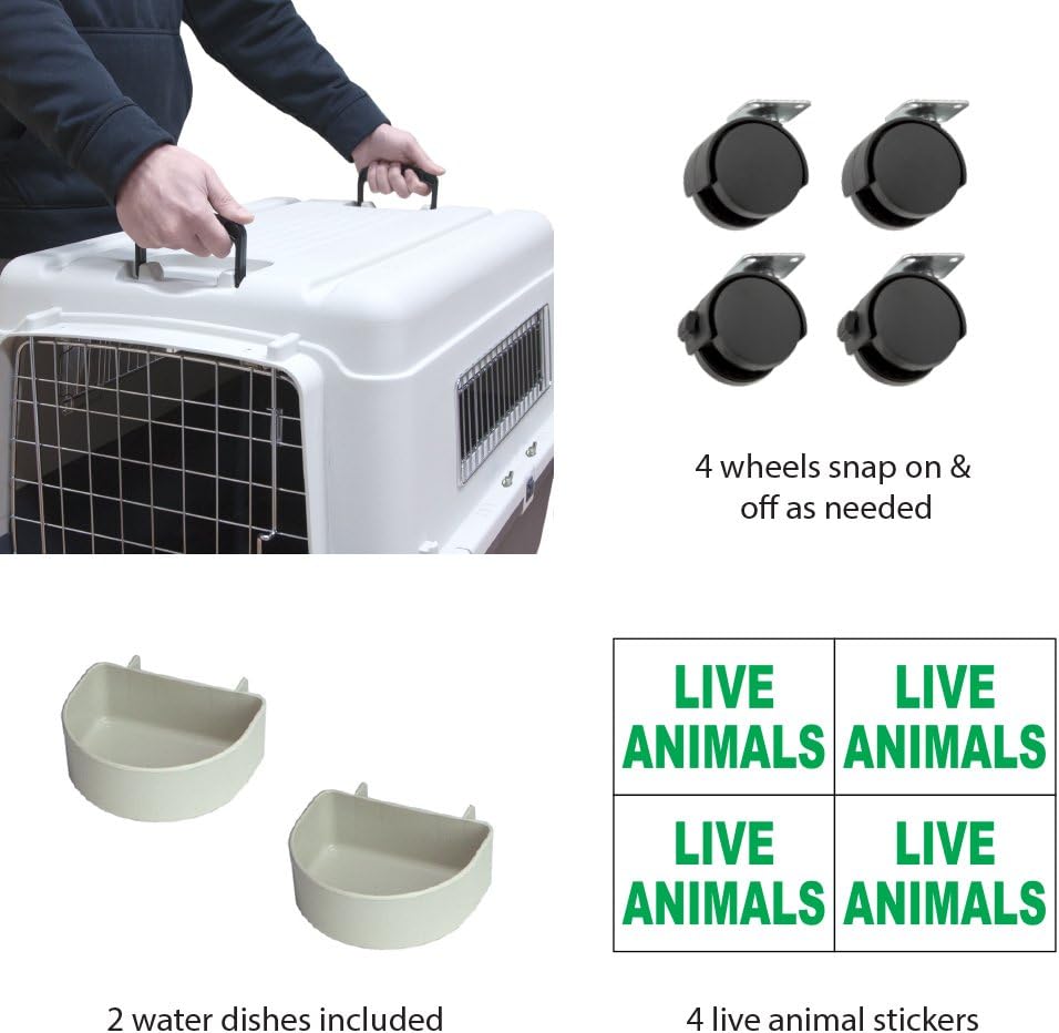 Designs Plastic Kennels Rolling Plastic Airline Approved Wire Door Travel Dog Crate, XXX-Large, Gray