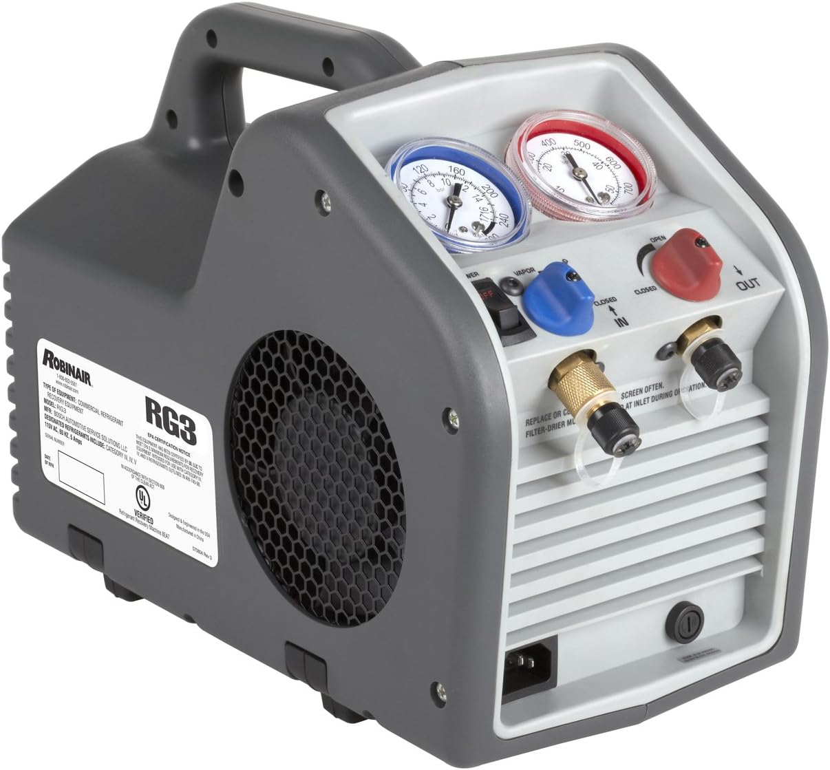 (RG3 Portable Refrigerant Recovery Machine – 115V, 60Hz, for Both Liquid and Vapor Refrigerant, White
