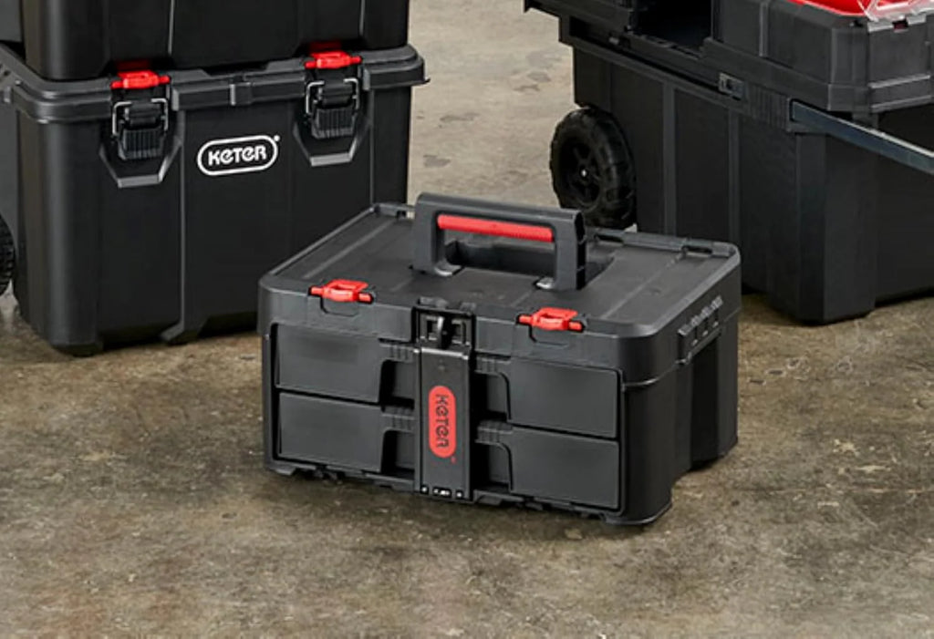Keter Stack-n-Roll Modular Tools Organizer for Garage Storage and DIY, 3 Piece Resin Rolling Tool Box System for Small Parts