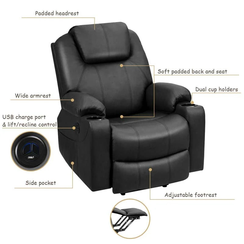 Electric Power Lift Recliner Leather Massage Reclining Sofa Elderly Lift Chair With Lumbar Heating Amp 8 Vibrating Nodes Cup Holder Usb Port - Comfortable And Ergonomic Design