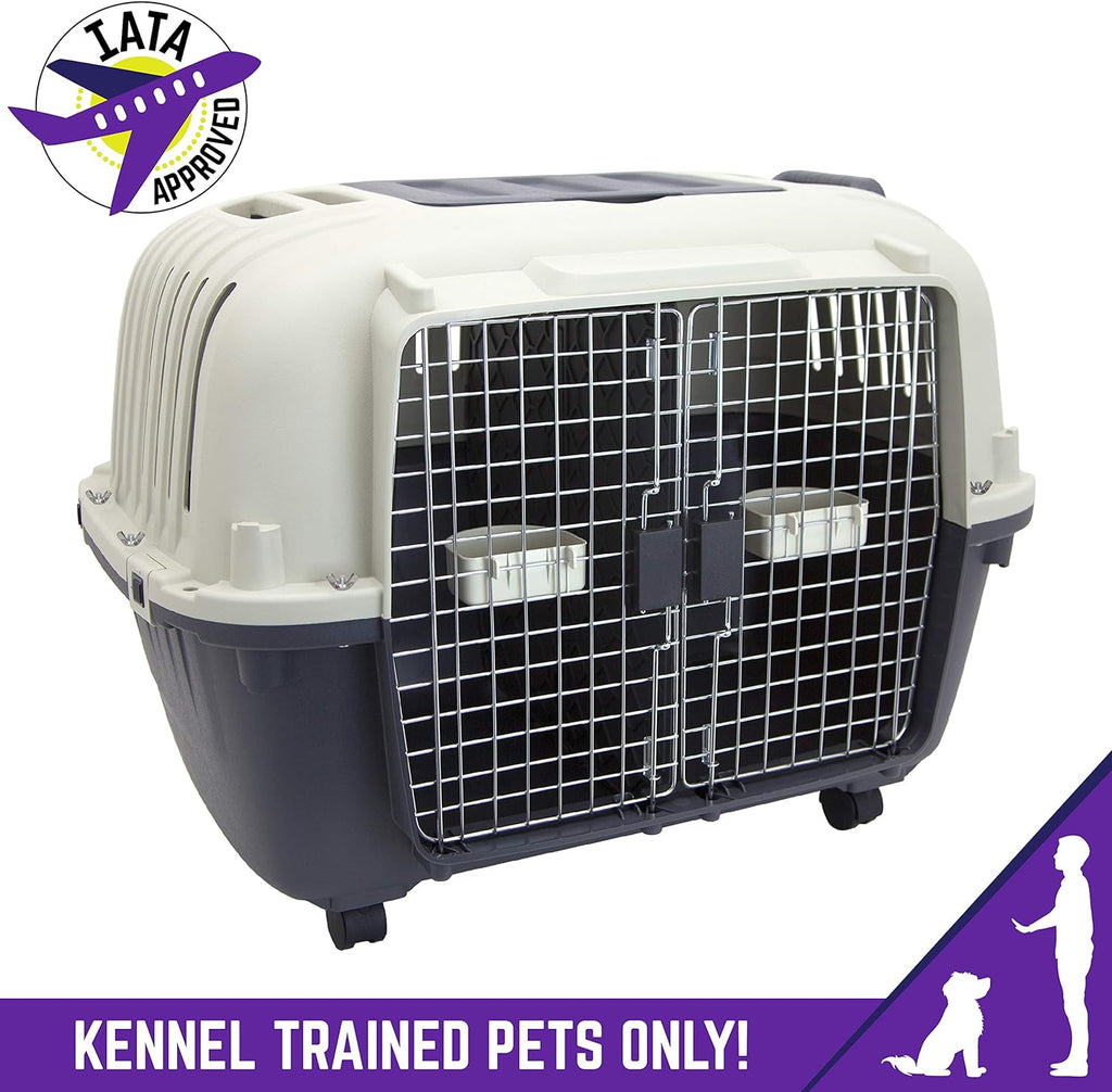 Designs Plastic Kennels Rolling Plastic Airline Approved Wire Door Travel Dog Crate, XXX-Large, Gray