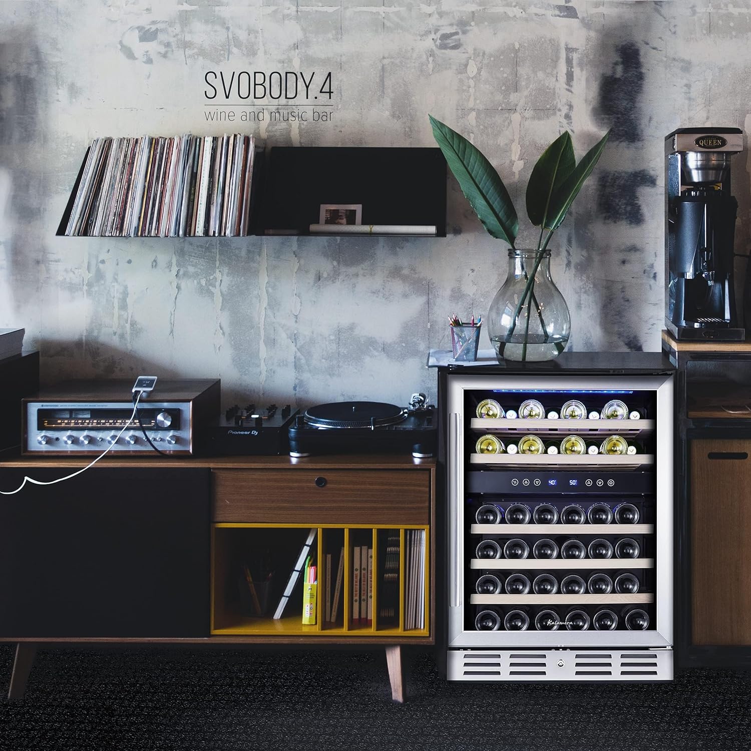 24 inch Wine Cooler, 46 Bottle - Dual Zone Built-in or Freestanding Fridge with Stainless Steel Reversible Glass Door, for Home, Kitchen, or Office.