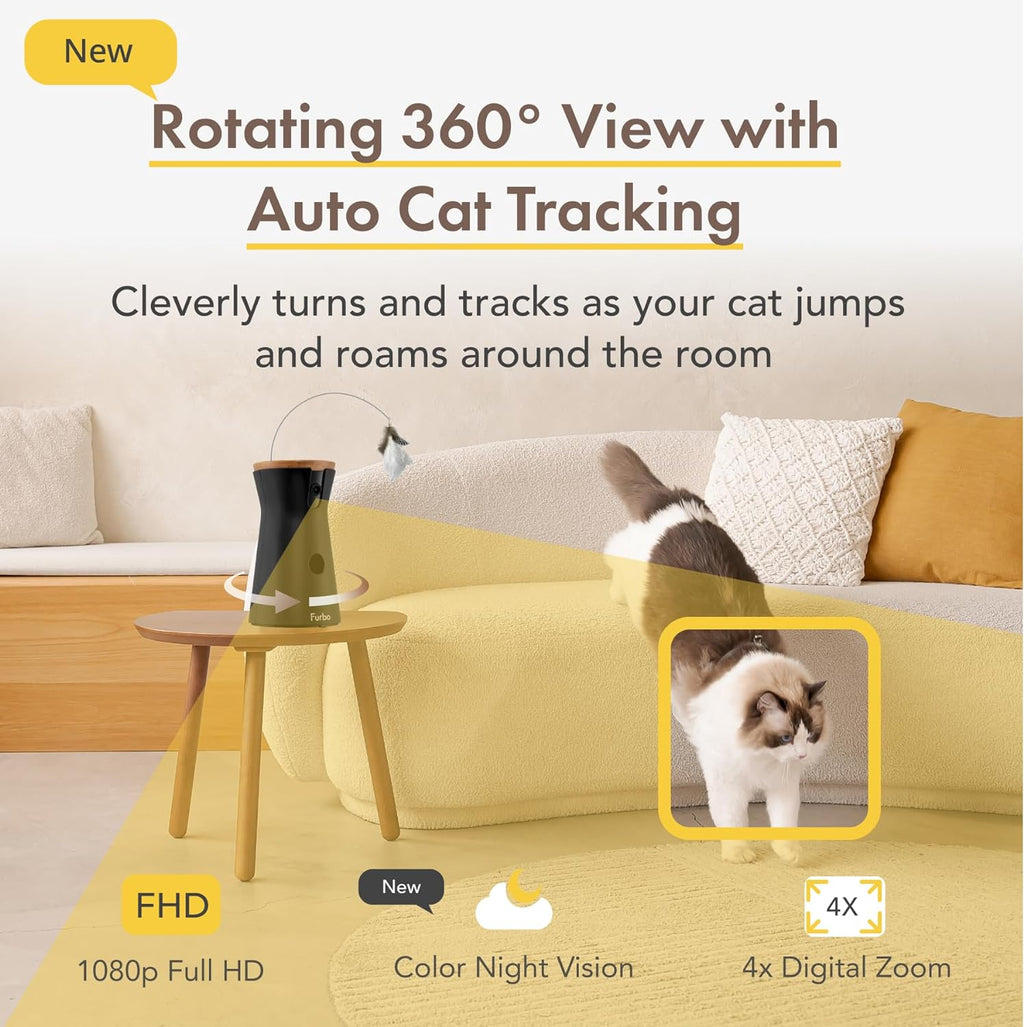 360° Cat Camera: See Your Cat from Anywhere | Rotating 360° Cat Tracking, Treat Toss, Color HD Night Vision, 2-Way Audio, Real-Time Notifications, Designed for Cats | Pet Camera w/Phone App