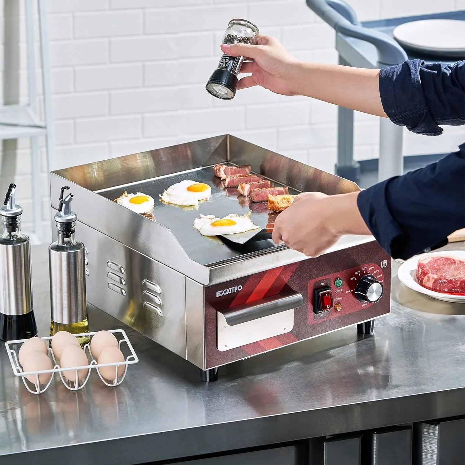 14 Inch Electric Griddle, Non-Stick Flat Top Grill Commercial Electric Countertop Griddles Stainless Steel Adjustable Temperature Control 90F-575F for Home or Restaurant Use