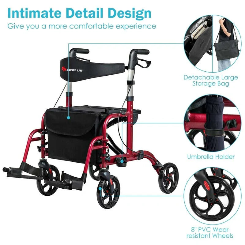 2 In 1 Rollator Walker Wheelchair Folding Medical Walker Aluminum Transport Chair Mobility Walking Aid - Comfortable And Ergonomic Design