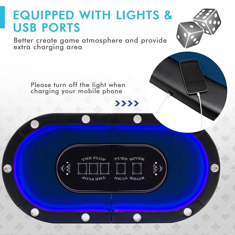 10 Players Folding Game Poker Table For Texas Card Games Casino Leisure Table With Cup Holder 4 Usb Ports Extra Lights