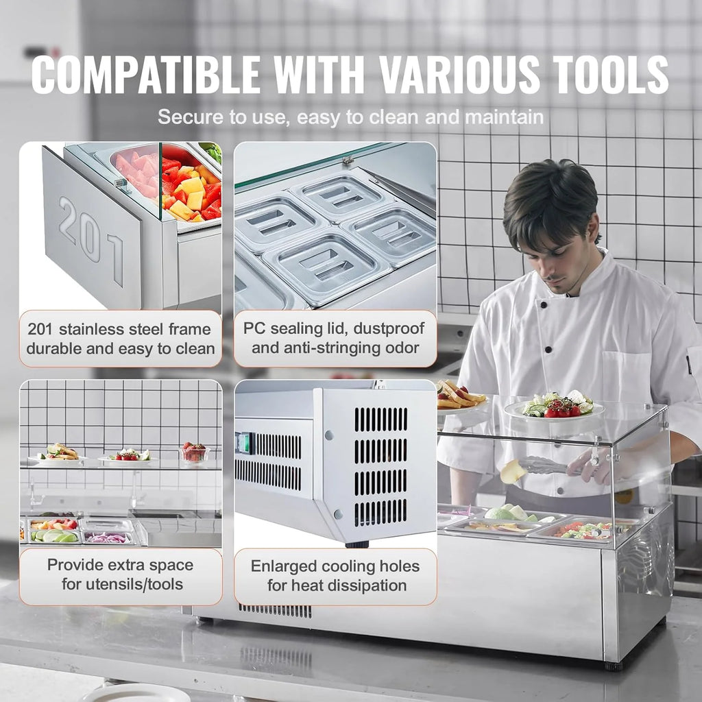 Refrigerated Condiment Prep Station, 135 W Countertop Refrigerated Condiment Station, with 2 1/3 Pans & 4 1/6 Pans, 304 Stainless Body and PC Lid, Sandwich Prep Table with Stainless Guard, ETL