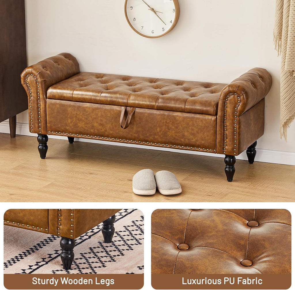 Furniliving Modern Storage Ottoman Bench, Sherpa Ottoman End of Bed Bench with Solid Wood Legs Upholstered Ottoman Benches with Storage Indoor Bench for Living Room with Rolled Arm, Entryway, White