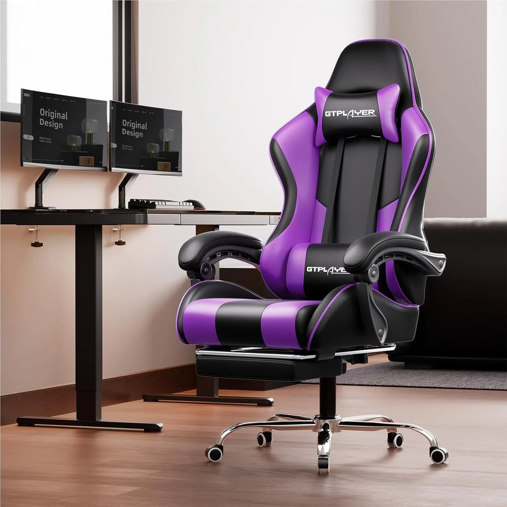 GTPLAYER Gaming Chair with Footrest and Lumbar Support Ergonomic Computer Chair with Headrest, 360 Swivel, Height Adjustable, White
