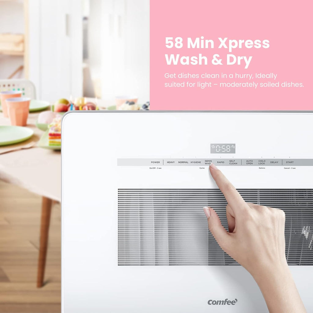 COMFEE' Portable Dishwasher Countertop with 5L Built-in Water Tank, No Hookup Needed, 6 Programs, 360° Dual Spray, 192℉ High-Temp& Air-Dry Function, Mini Dishwasher for RVs, White