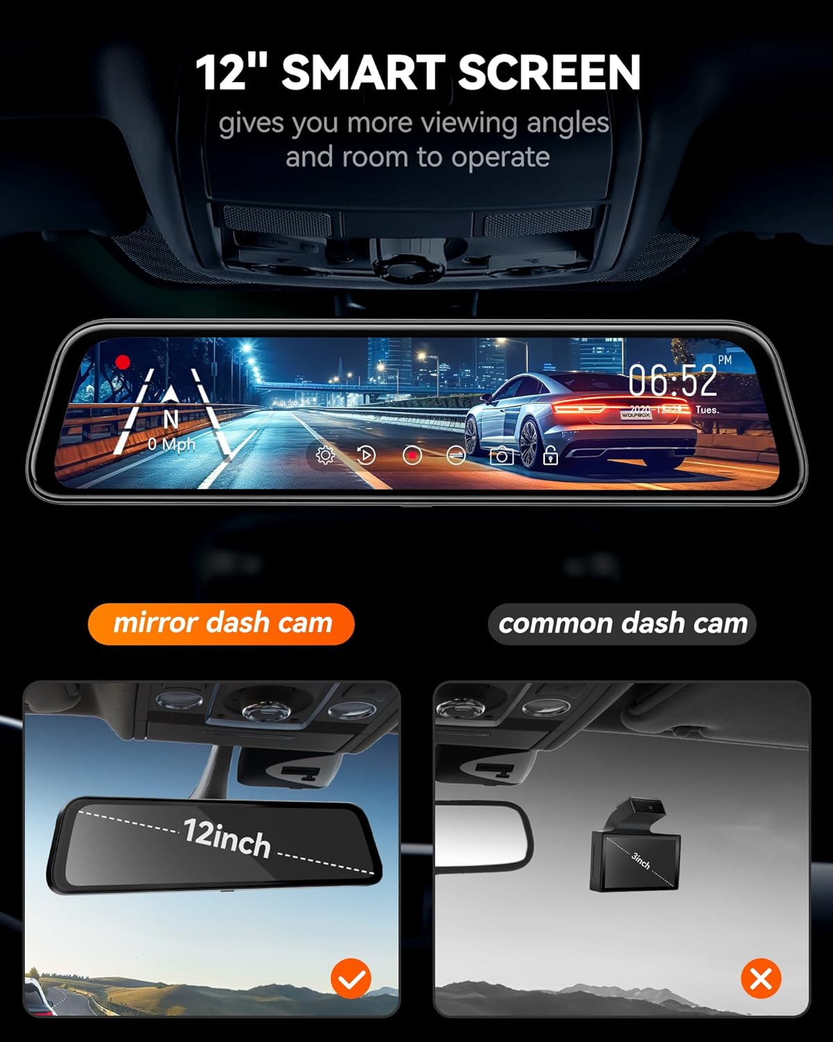 12" 4K Mirror Dash Cam Backup Camera, 2160P Full HD Smart Rearview Mirror for Cars & Trucks, Front and Rear View Dual Cameras, Night Vision, Parking Assistance, Free 32GB Card & GPS