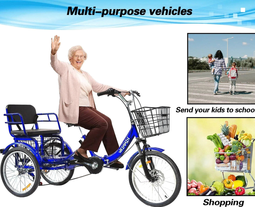 Tricycle 7 Speed, 20 inch 3 Wheel Bikes Folding Tricycle for Adults Star Strip Blue