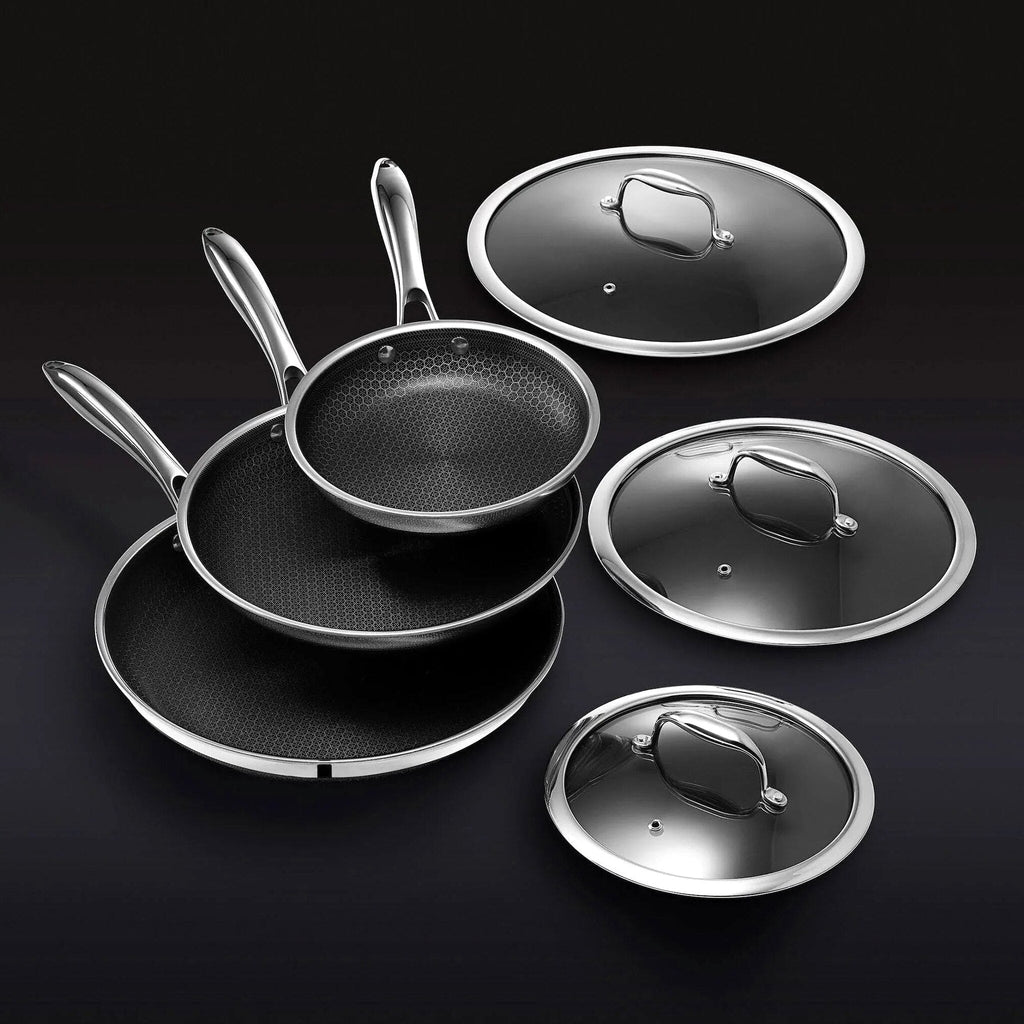 HexClad 6 Piece Hybrid Stainless Steel Cookware Pan Set 8 inch 10 inch 12 inch with Glass Lids Size: One size Black