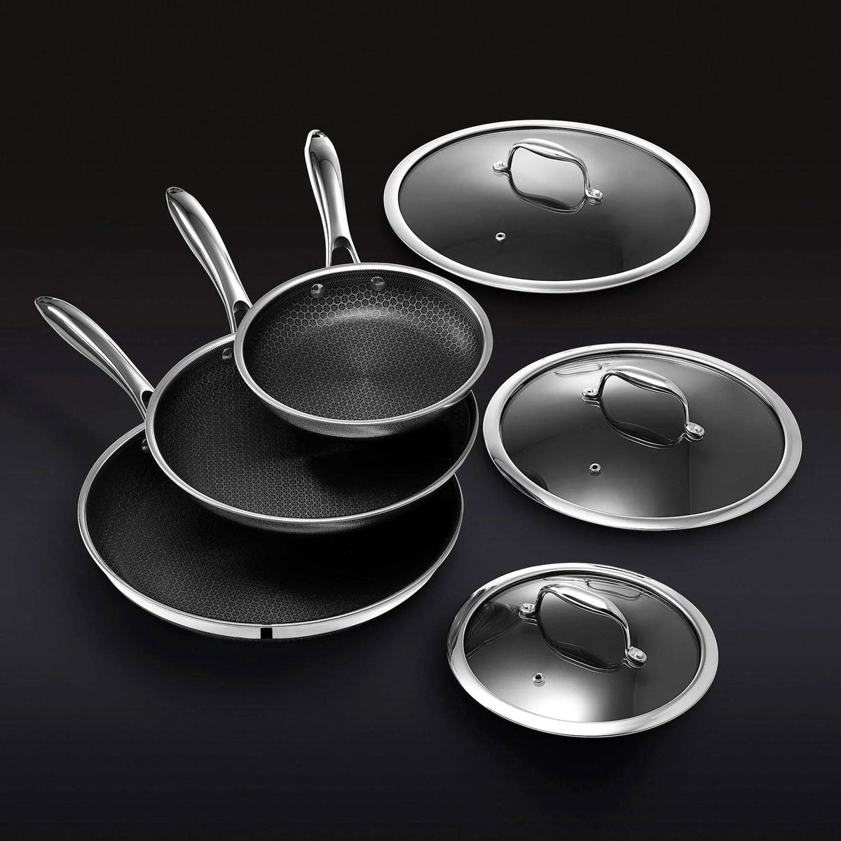 HexClad 6 Piece Hybrid Stainless Steel Cookware Pan Set 8 inch 10 inch 12 inch with Glass Lids Size: One size Black