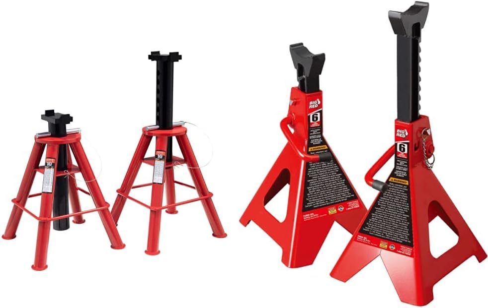 10-Ton Medium Height Pin Type Jack Stands, Pair, Red