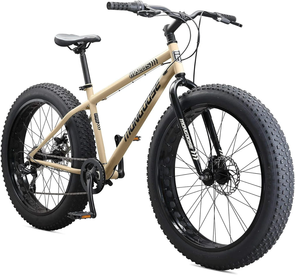 Malus Mens and Women Fat Tire Mountain Bike, 26-Inch Bicycle Wheels, 4-Inch Wide Knobby Tires, Steel Frame, 7 Speed Drivetrain, Shimano Rear Derailleur, Disc Brakes
