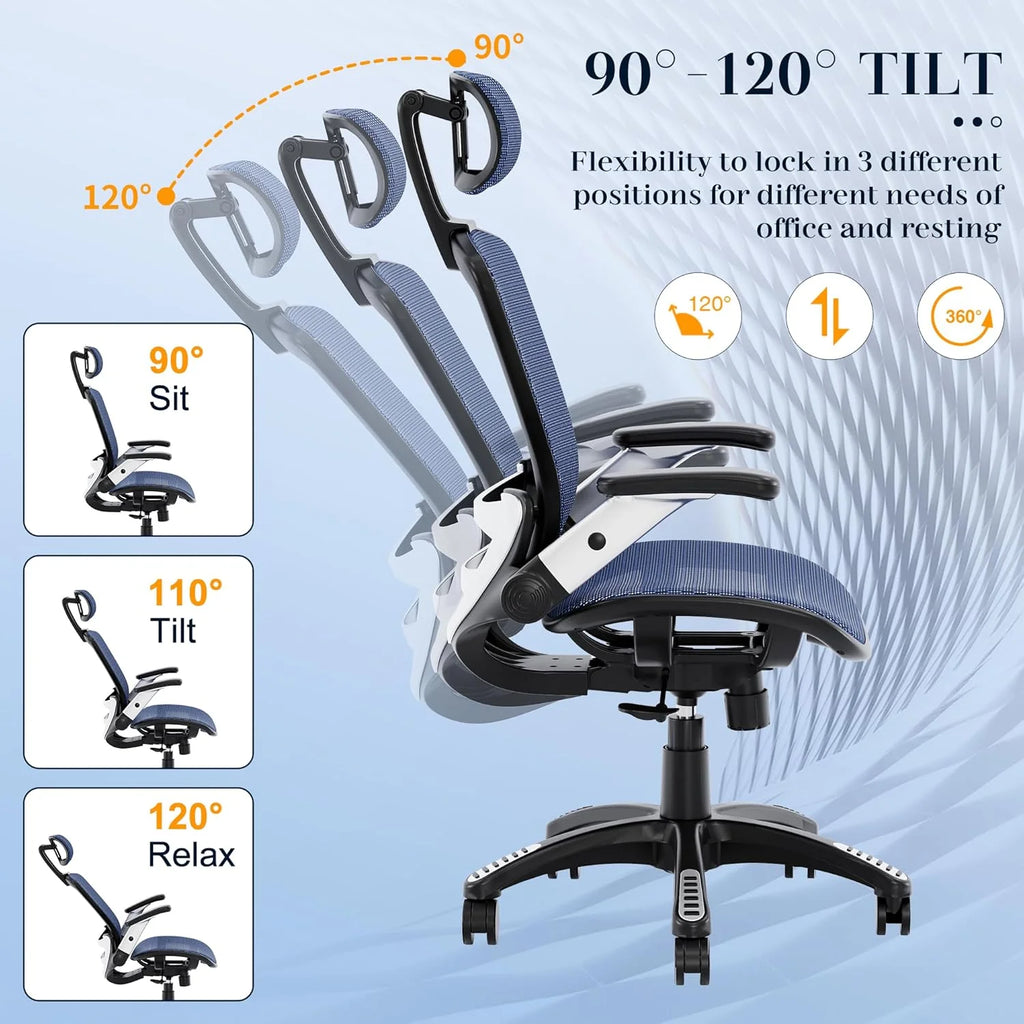 GABRYLLY Ergonomic Office Chair, High Back Home Desk Chair with Headrest, Flip-Up Arms, 90-120° Tilt Lock and Wide Cushion, Big and Tall Mesh Chairs for Man Woman, Black Task Chair