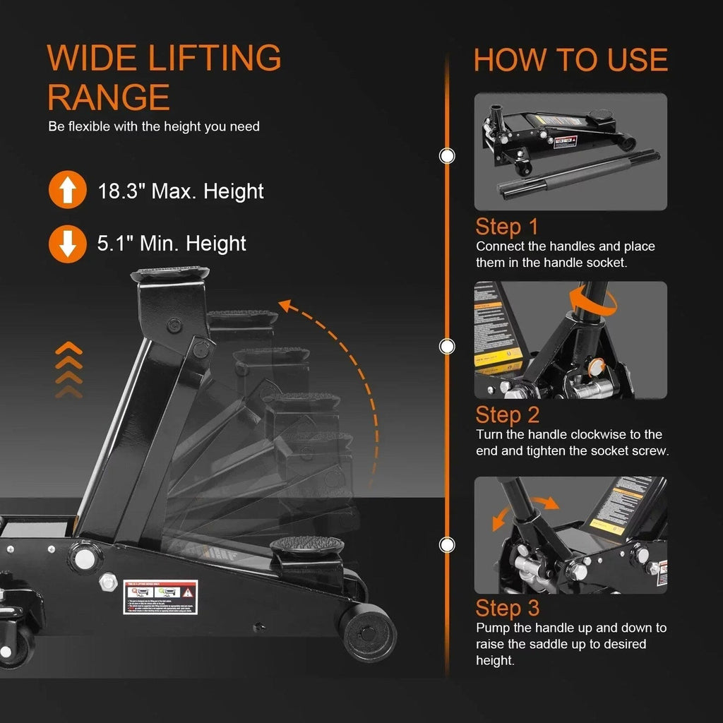3 Ton Floor Jack Hydraulic Heavy Duty Steel Car Jack with Quick Lift Dual Pump,Black,W8303-B