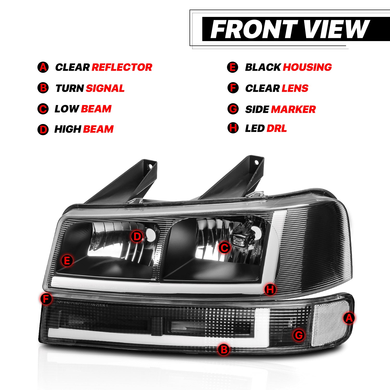 A set of 4 LED running light bars L+R black headlights + bumper signals for 2003-2014 Chevrolet Express 1500,2003-2023 Chevrolet Express 2500