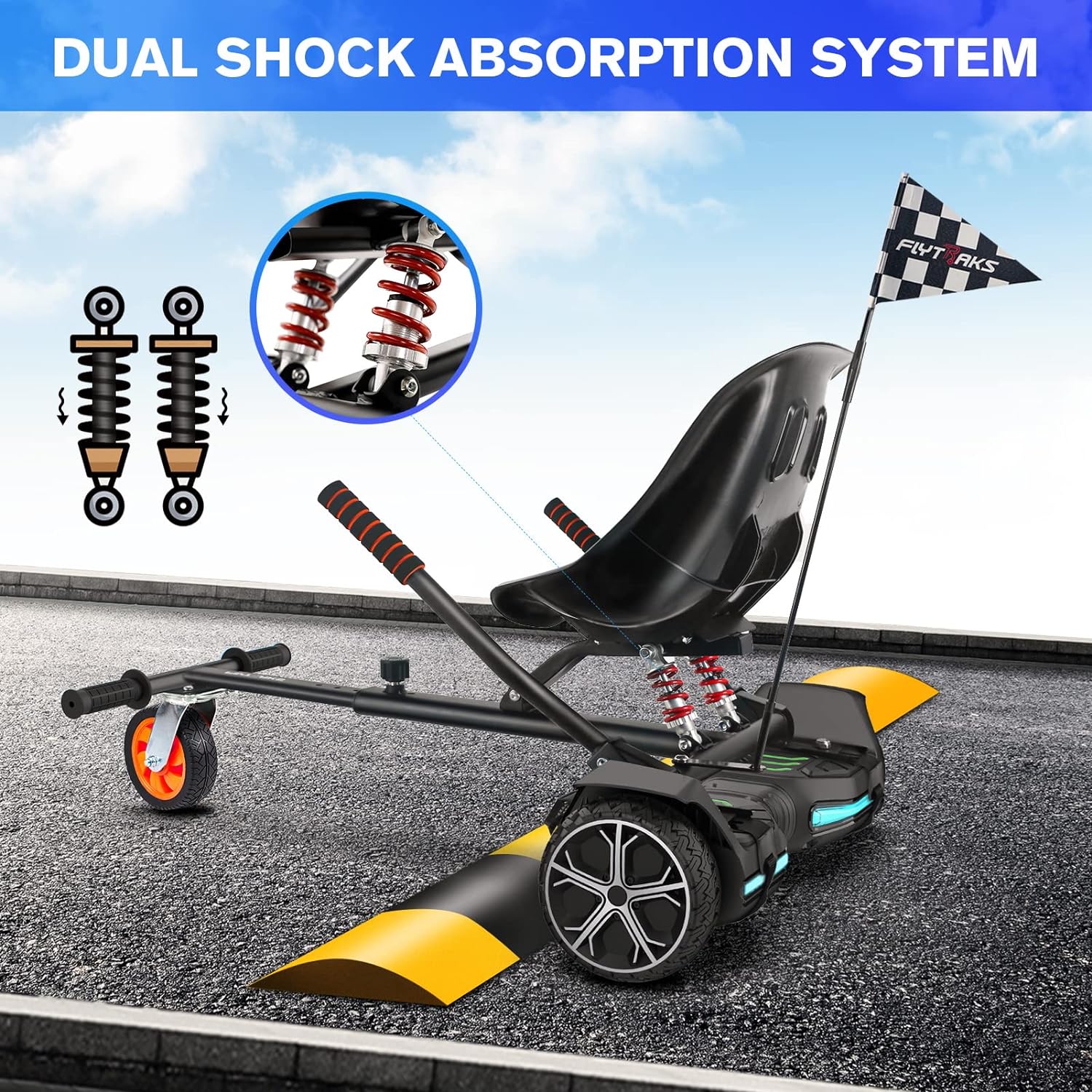 Hoverboard Go Kart with Rear Shock Absorption, Hoverboard Seat Attachment Accessory for 6" to 10" Hoverboard, Adjustable Frame Length & Off-Road Rubber Wheel (Not Including Hoverboard
