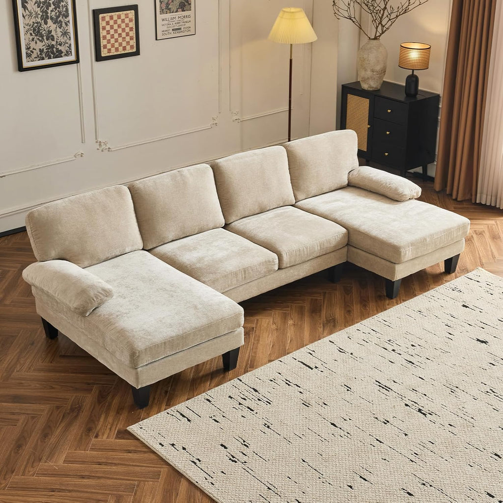 VINGLI 110" Sectional Couches for Living Room,U Shaped Couch with Double Chaise, 4-Seat Sofa Set with Chenille Fabric for Home Furniture,Beige
