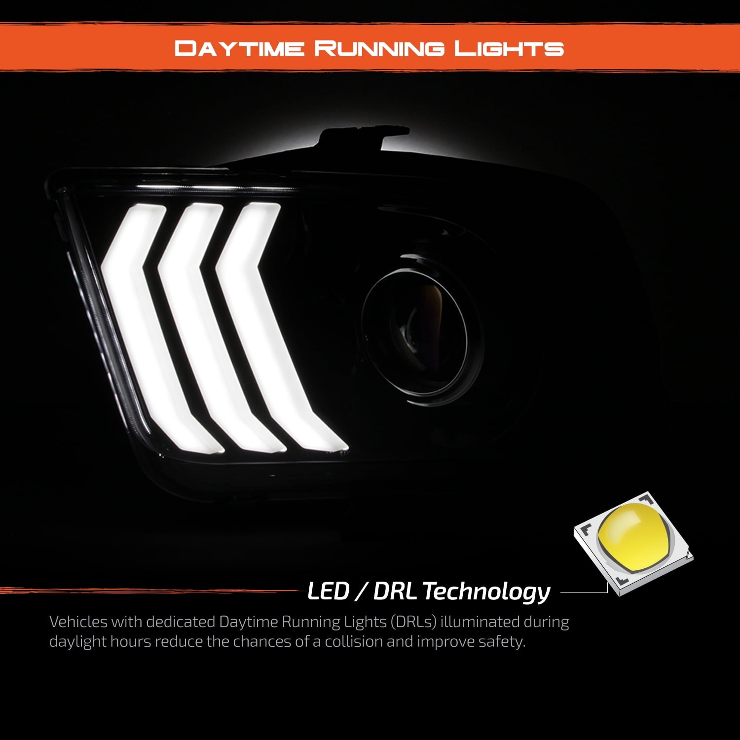 AKKON - Fits 2005-2009 Ford Mustang LED Tube DRL Parking [Halogen Type] Projector Black Headlights Pair Driver+Passenger