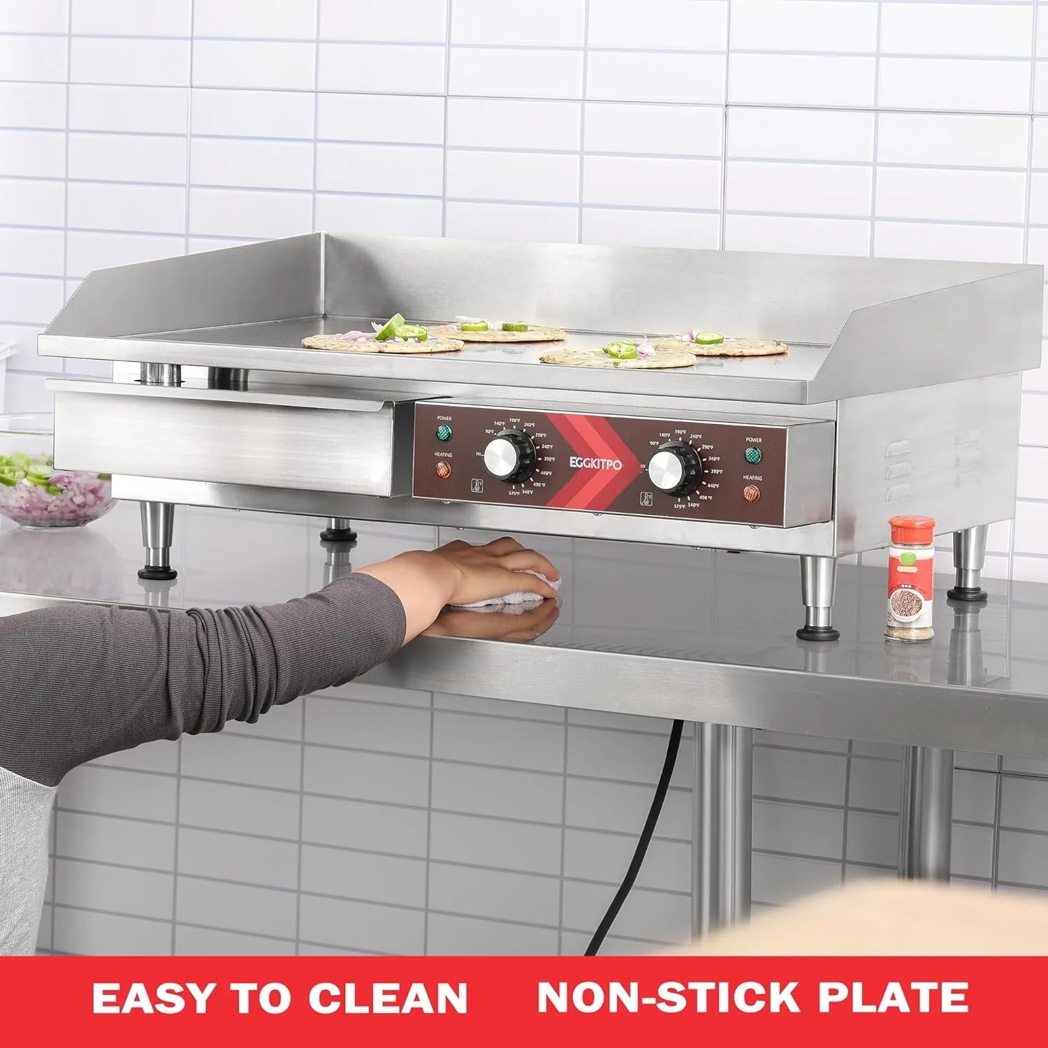 14 Inch Electric Griddle, Non-Stick Flat Top Grill Commercial Electric Countertop Griddles Stainless Steel Adjustable Temperature Control 90F-575F for Home or Restaurant Use