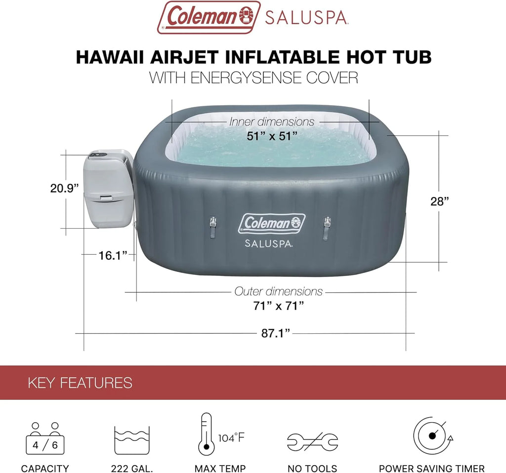 4 to 6 Person Inflatable Hot Tub Square Portable Outdoor Spa with 114 Soothing AirJets and Insulated Cover, Gray-Coleman