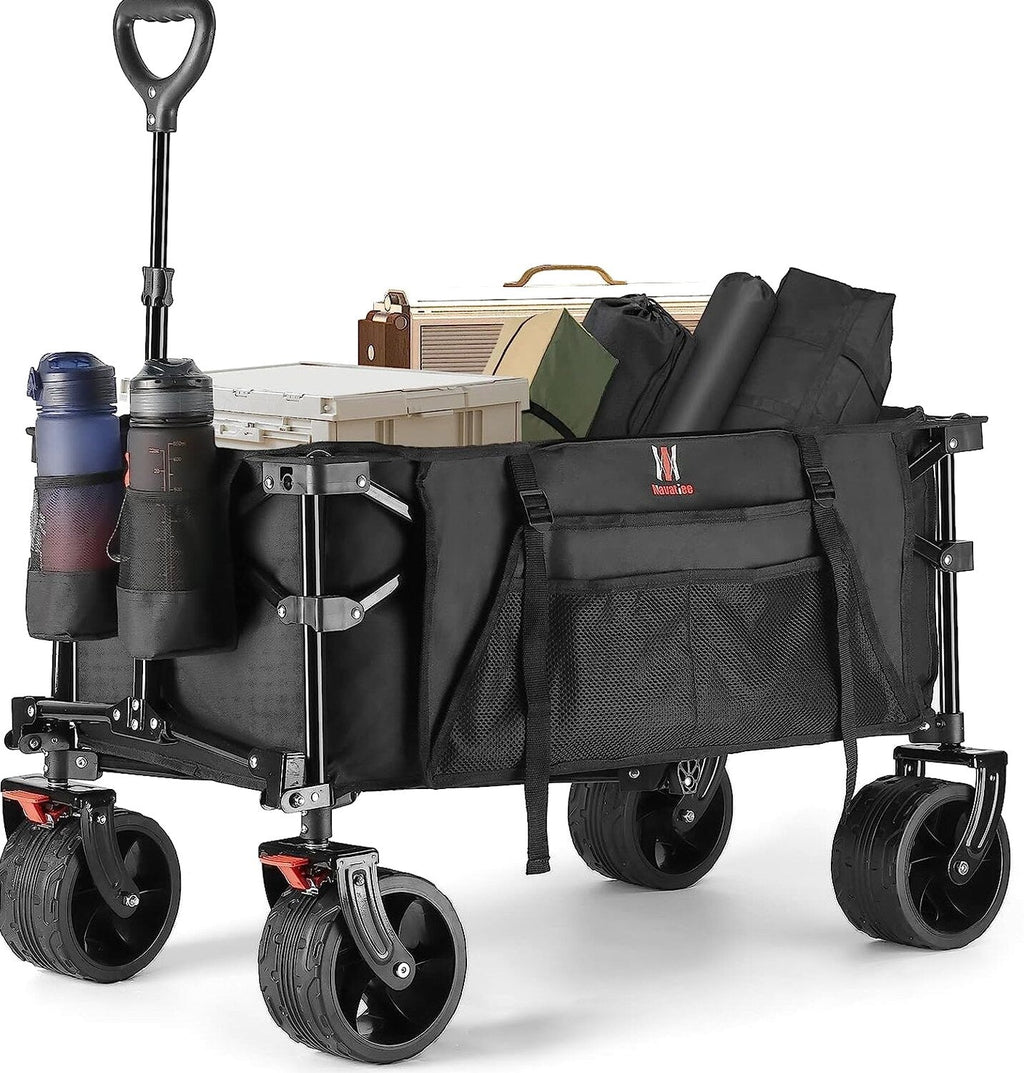 Navatiee Collapsible Folding Wagon Beach Wagon Cart Heavy Duty Foldable with Big Wheels Utility Grocery Wagon with Side Pocket and Brakes for Camping Garden Sports T1