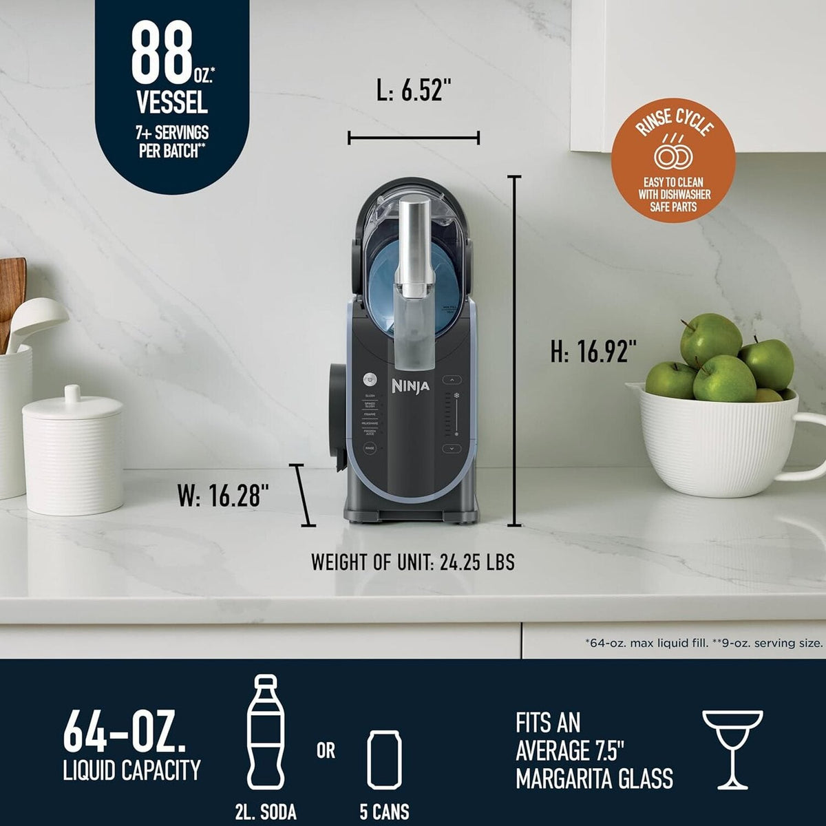 SLUSHi with RapidChill Technology, 88 oz. Frozen Drink &amp; Slushie Machine, 5 Preset Programs, Margaritas, Frappés, and More, Premium Accents, Black, FS301