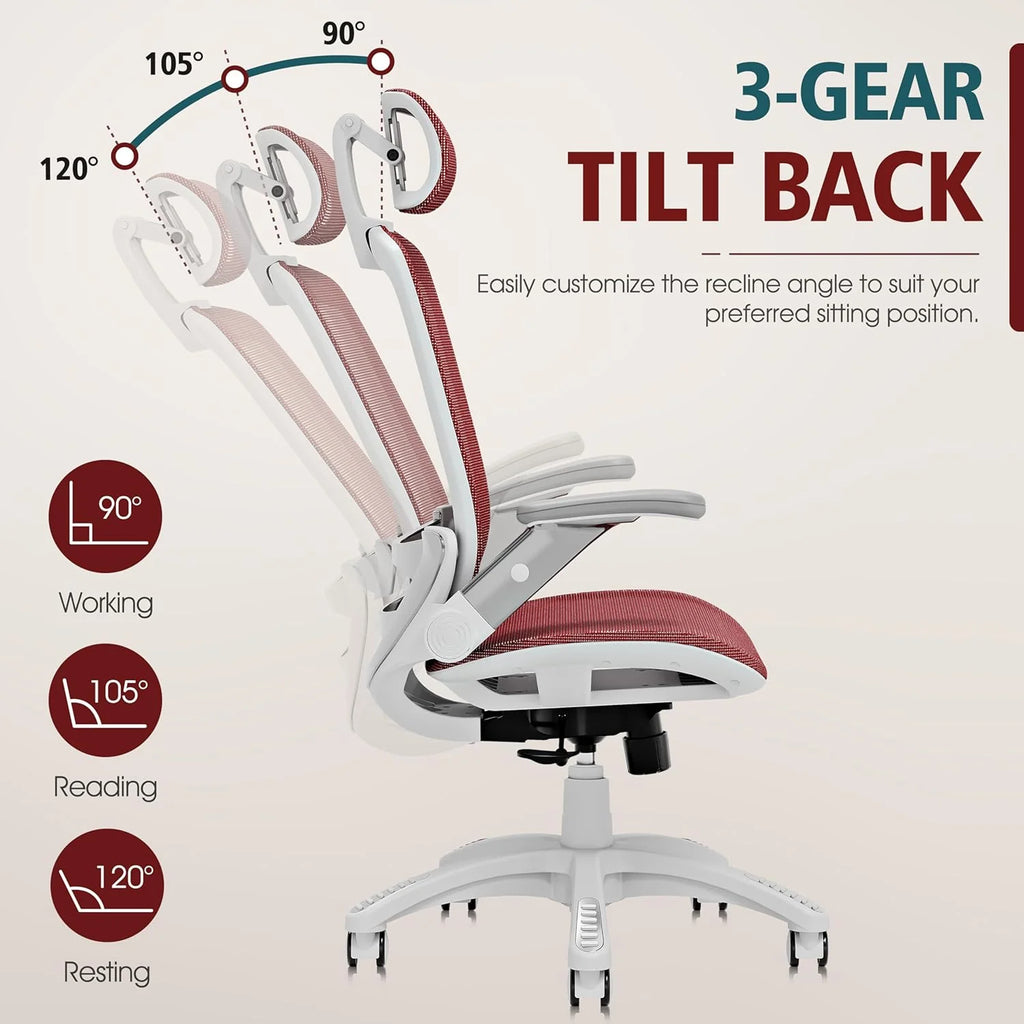 GABRYLLY Ergonomic Office Chair, High Back Home Desk Chair with Headrest, Flip-Up Arms, 90-120° Tilt Lock and Wide Cushion, Big and Tall Mesh Chairs for Man Woman, Black Task Chair