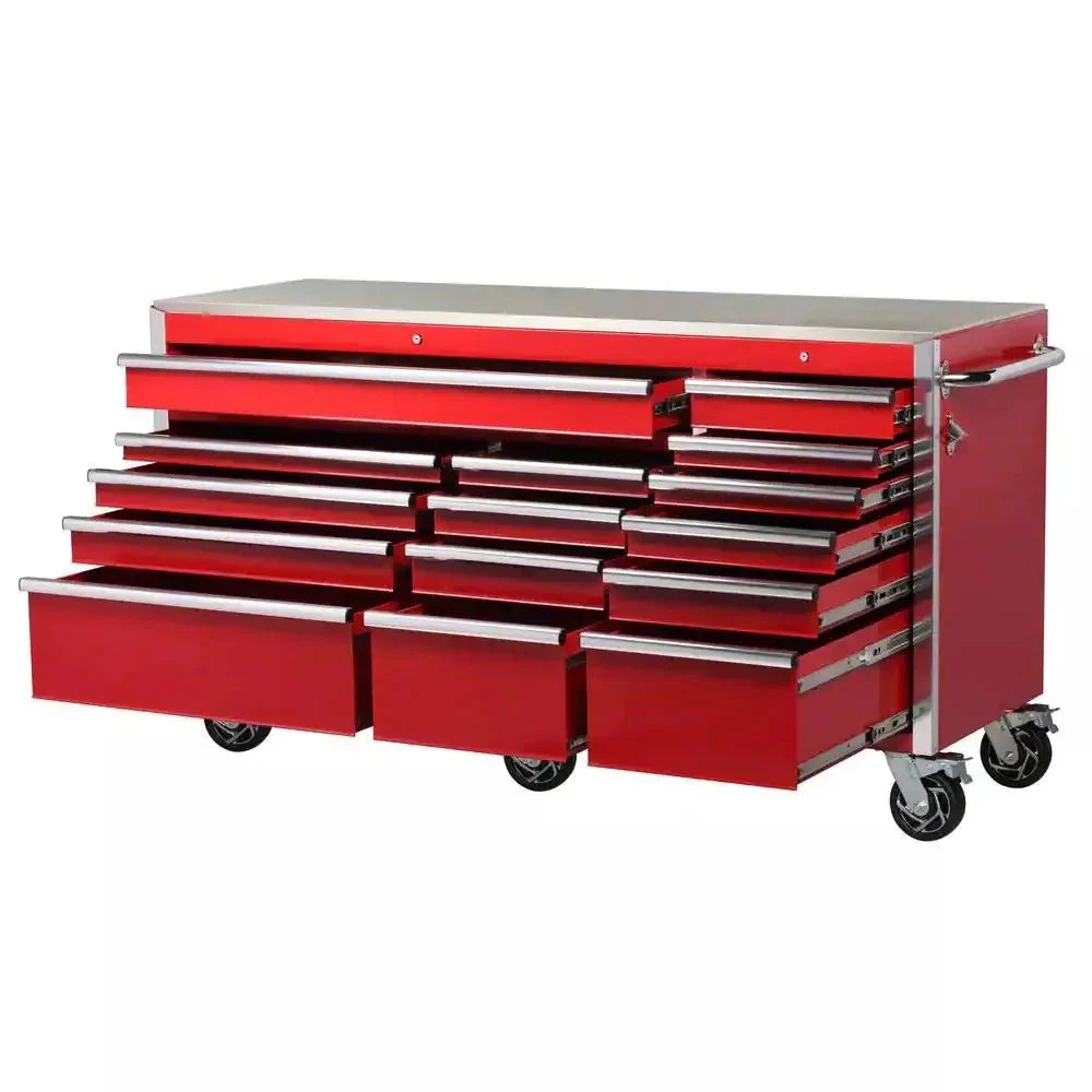 Heavy-Duty 72 in. W x 24 in. D 15-Drawer Tool Chest Stainless Steel Top and Dual Locks Mobile Workbench