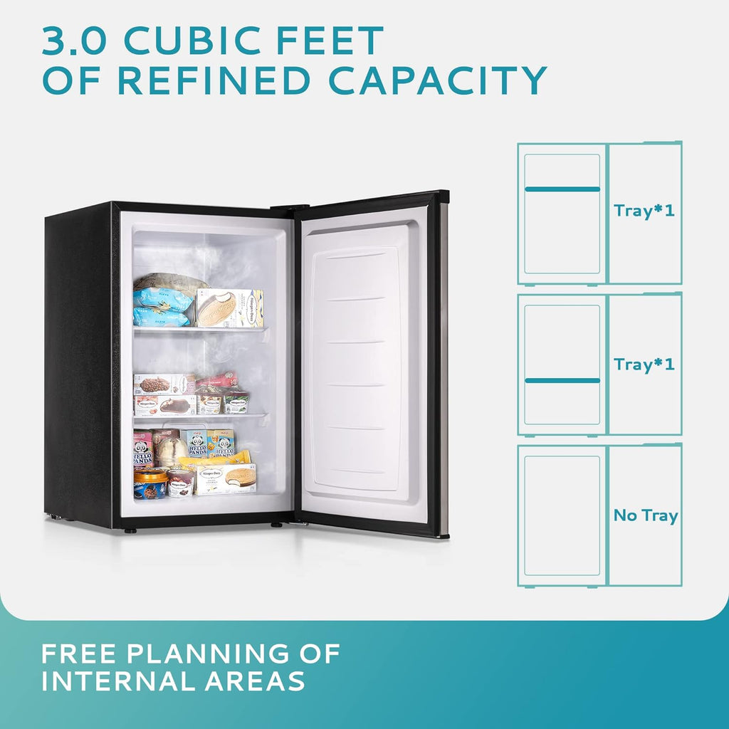 Upright freezer, 3.0 Cubic Feet, Single Door Compact Mini Freezer with Reversible Stainless Steel Door, Small freezer for Home/Dorms/Apartment/Office (Silver)