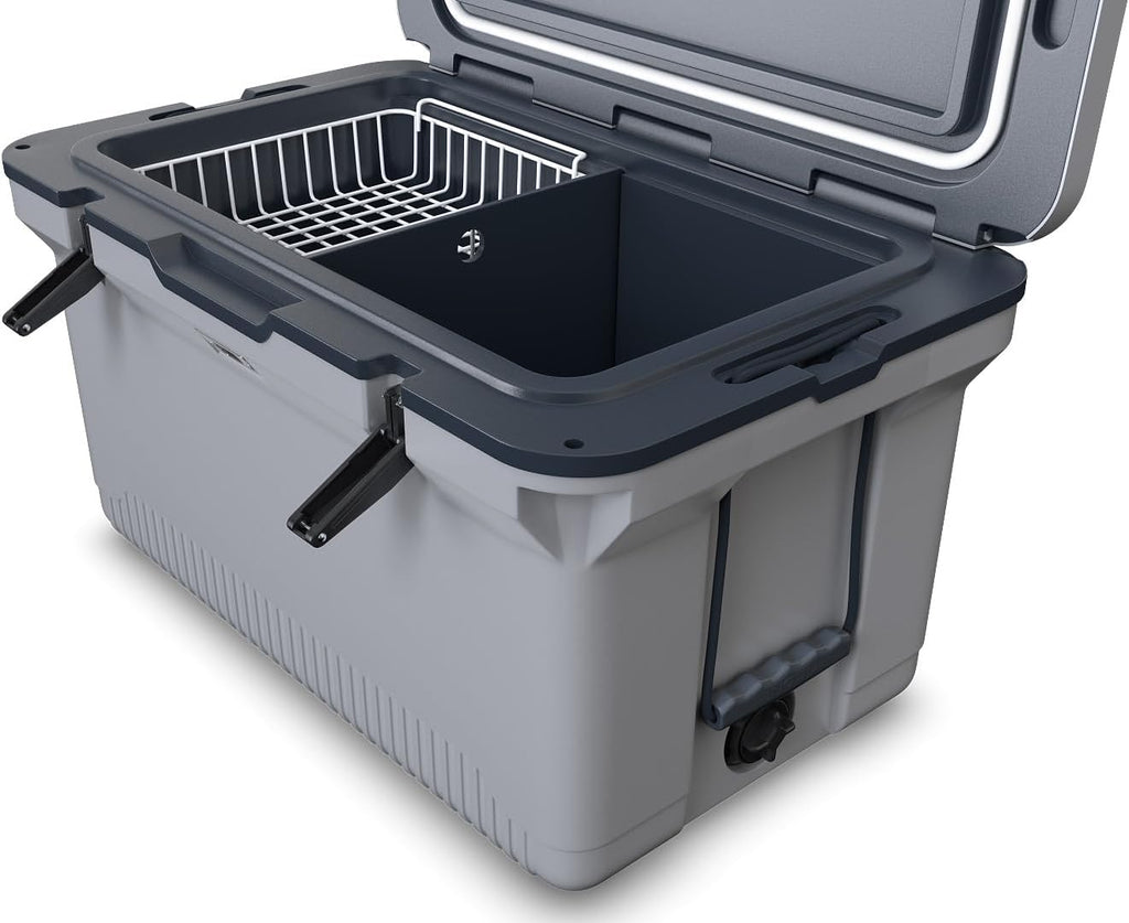 60 QT Ultra-Light Injection Molded Cooler - Ice Chest Keeps Ice up to 7 Days - Large Cooler Includes Wire Basket, Divider and Built-in Bottle Opener