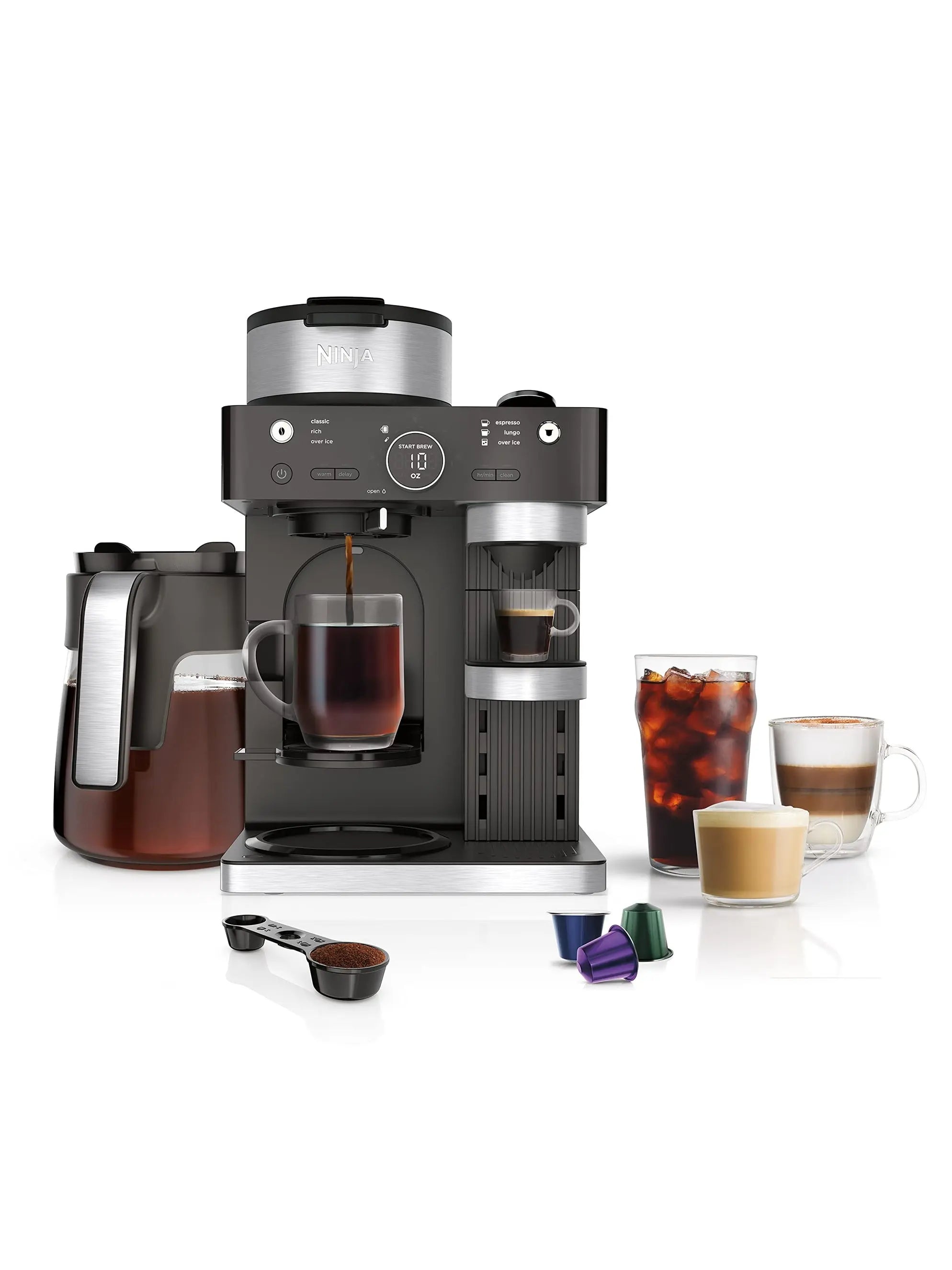 Ninja CFN601 Espresso & Coffee Barista System, 3 Espresso Brew Styles, Single-Serve Coffee & Nespresso Capsule Compatible, 12-Cup Carafe, Built-in Frother, Espresso, Cappuccino & Latte Maker - Black