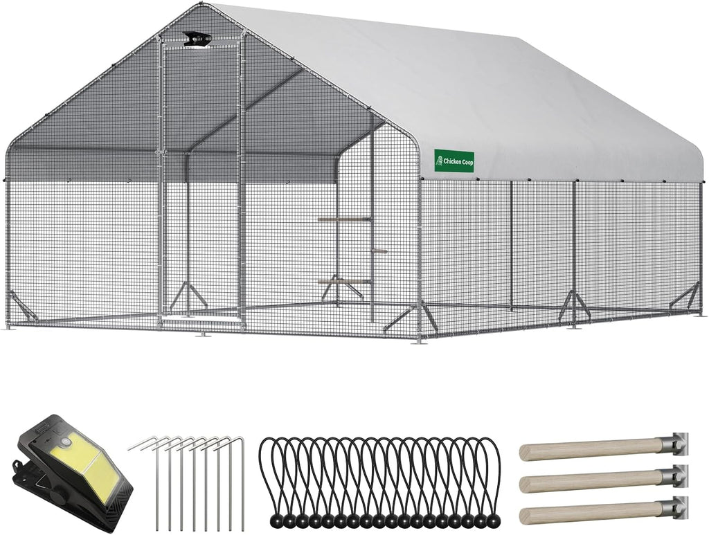 Large Walk-in Metal Chicken Coop with Run, Solar Light, UV Cover