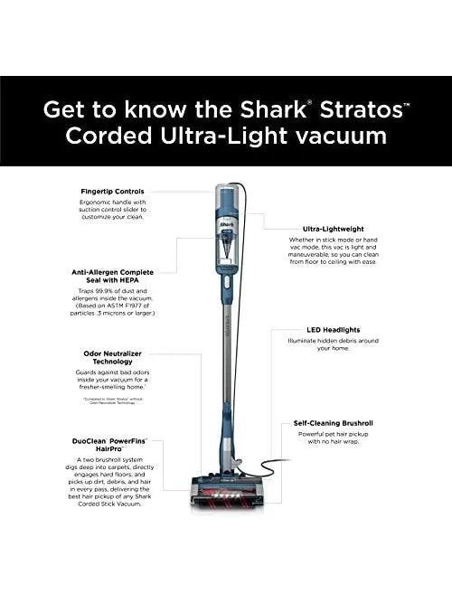 Shark HZ3002 Stratos Ultralight Corded Stick Vacuum with DuoClean PowerFins HairPro, Self Cleaning Brushroll, & Odor Neutralizer Technology, Navy